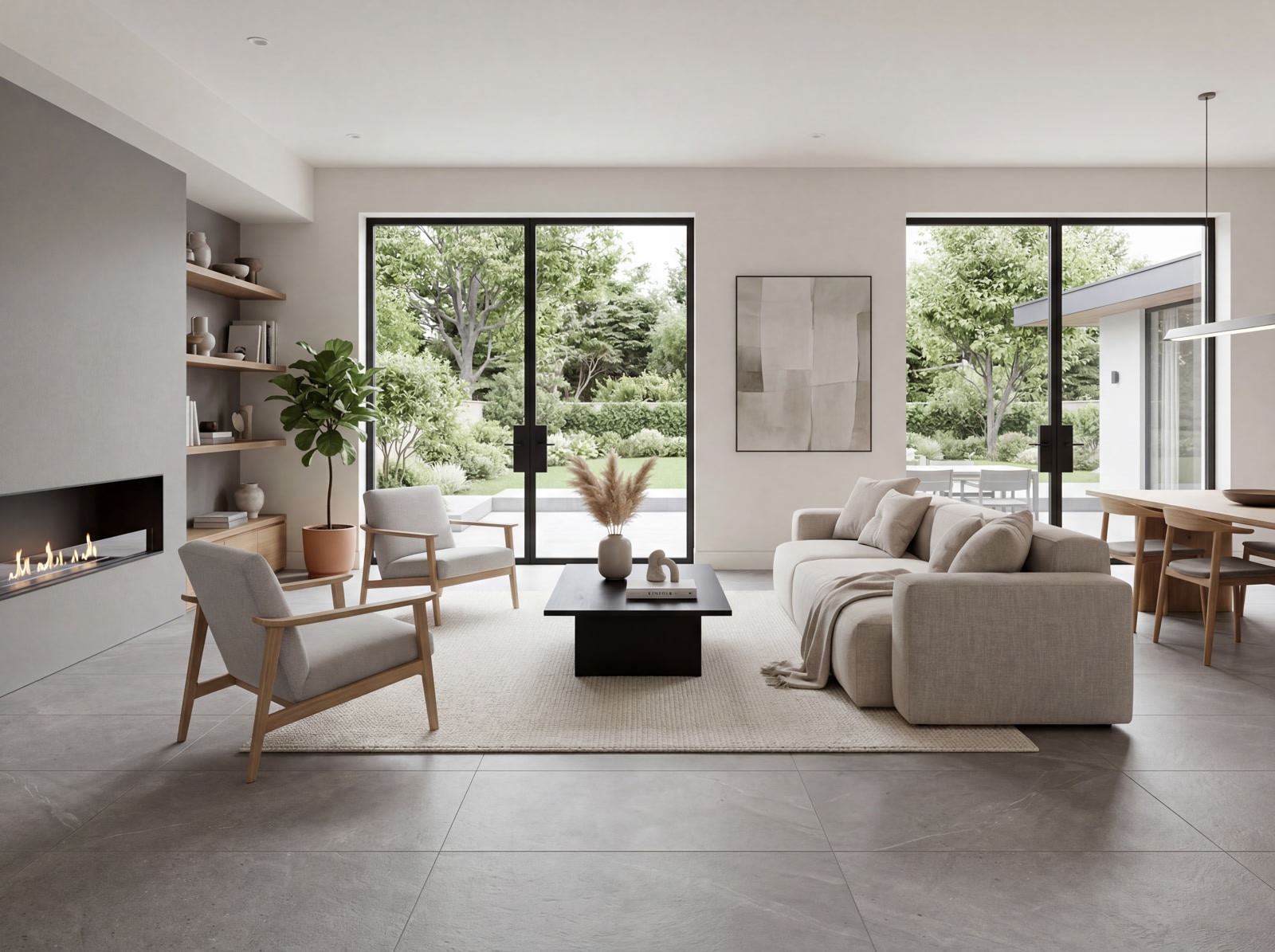 Matte gray stone-look porcelain floor tiles in a modern living room