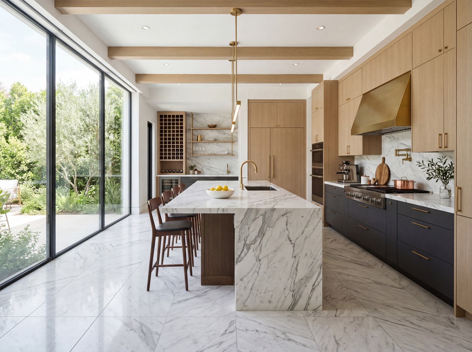 Polished marble-look porcelain floor tiles in a luxury kitchen