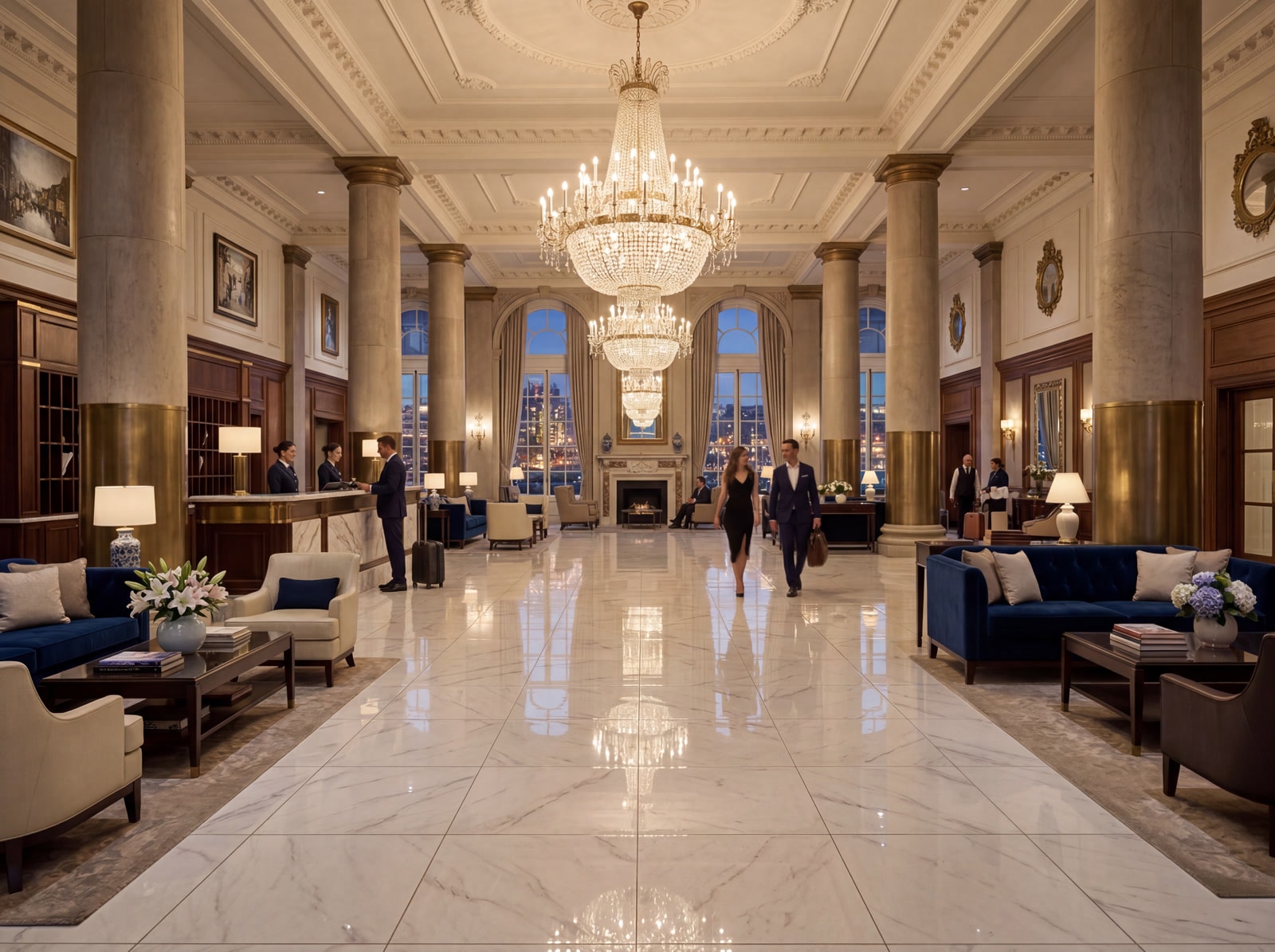 Polished marble porcelain tiles in an elegant hotel lobby