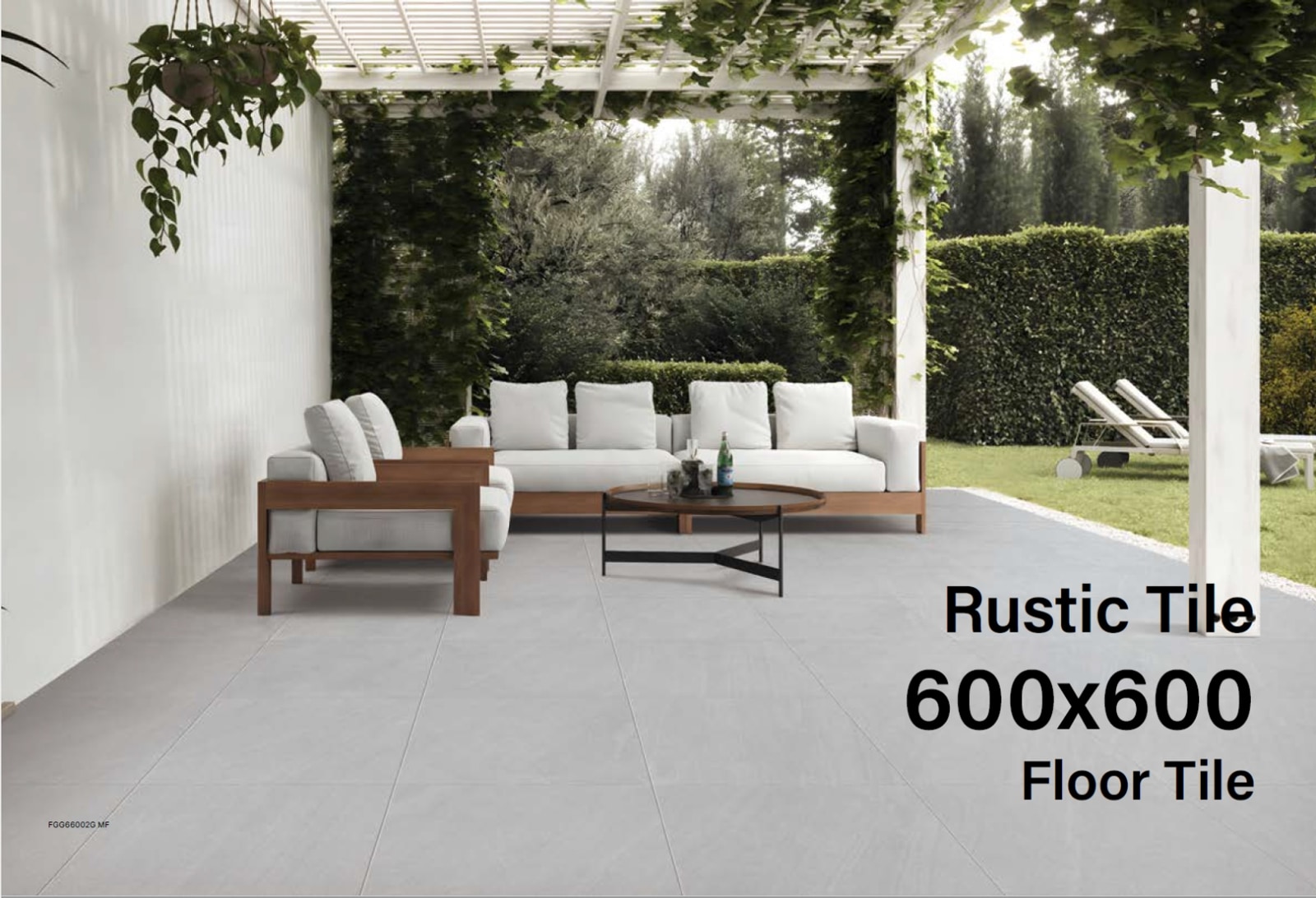 Rustic natural stone porcelain tiles on an outdoor terrace