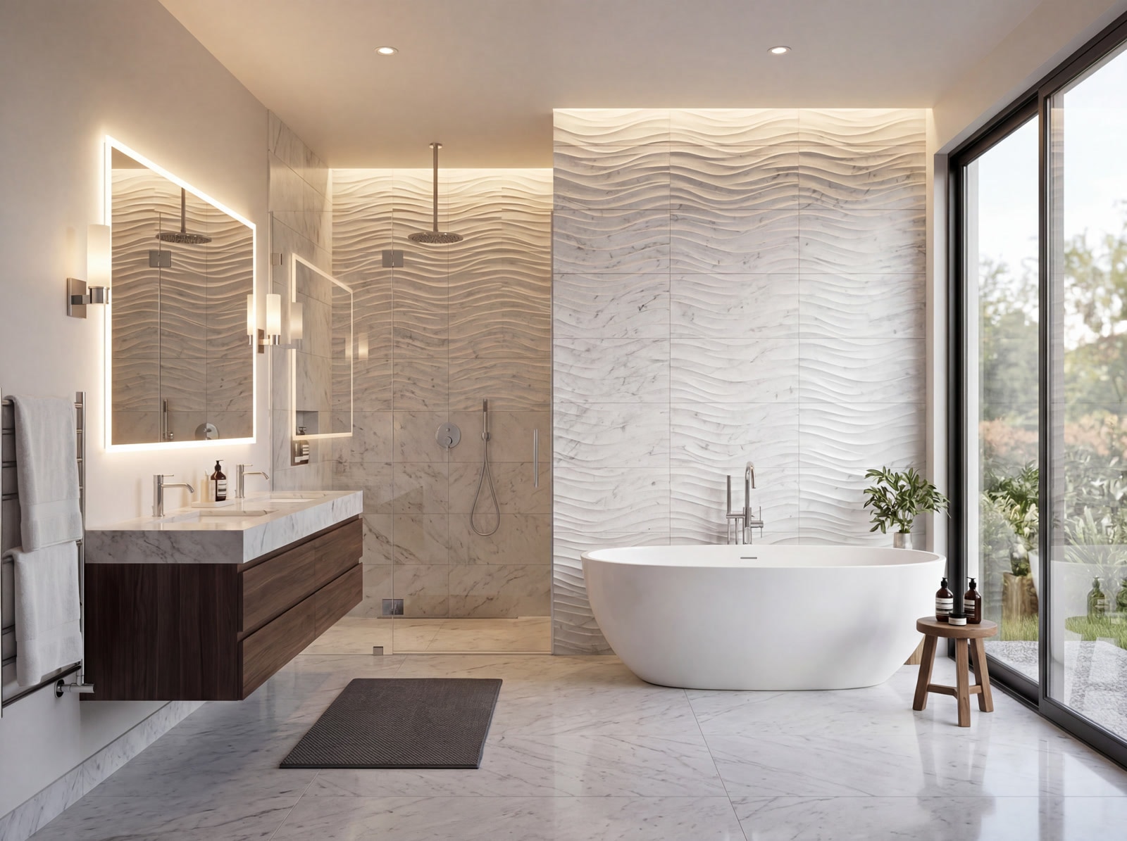 Marble and 3D wave textured wall tiles in a modern bathroom