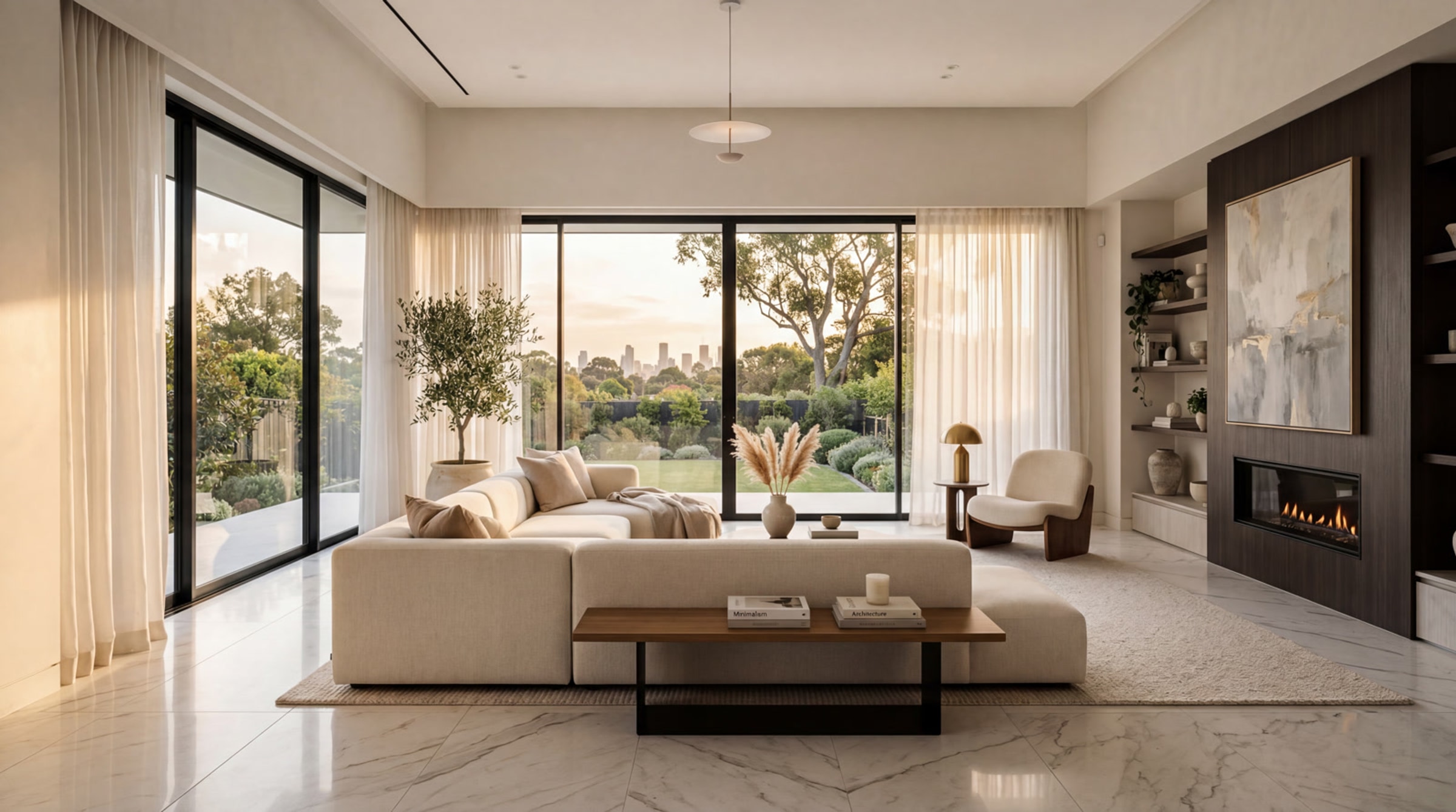 Luxury modern living room featuring white marble porcelain floor tiles with natural light